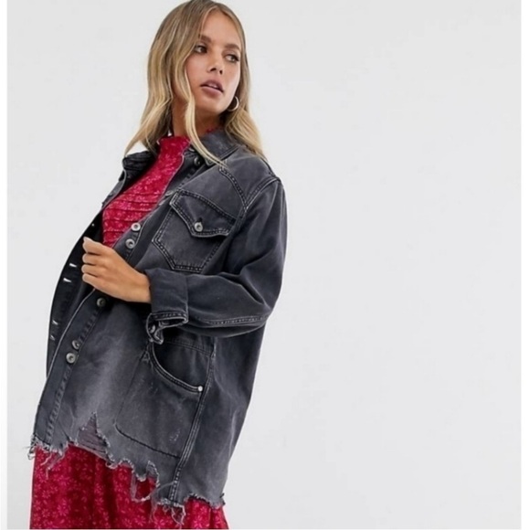Free People Moonchild Distressed Denim Shirt Jacket Moon Dust Washed Black Small - Picture 2 of 16